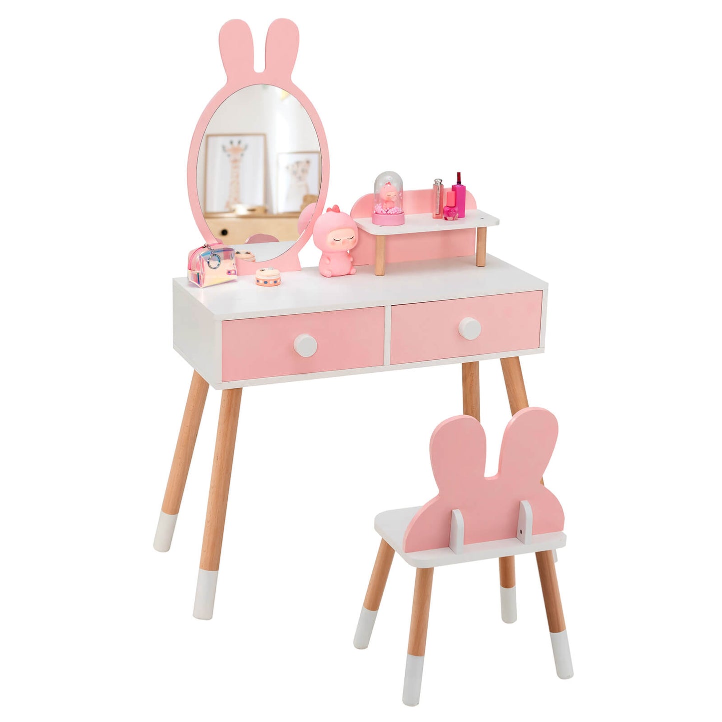 Kids Vanity Table and Chair Set with Rabbit Mirror