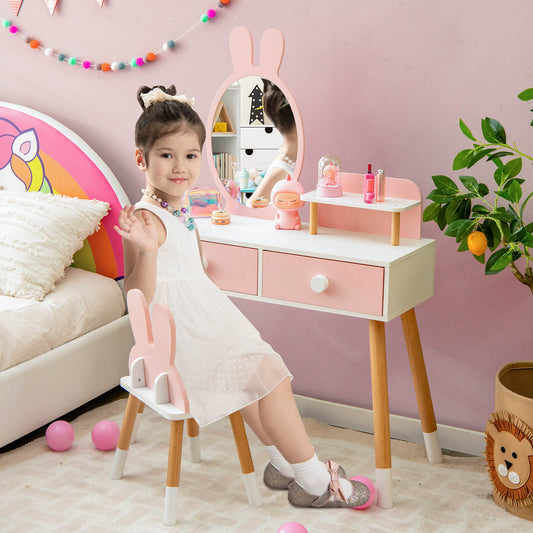 Kids Vanity Table and Chair Set with Rabbit Mirror