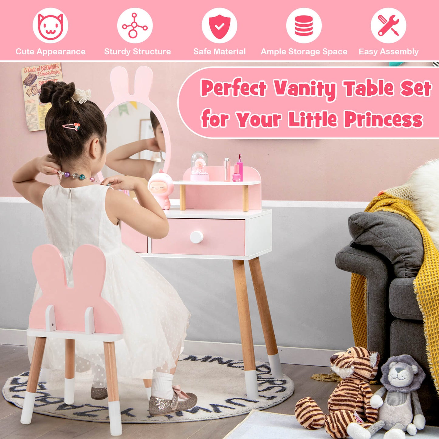 Kids Vanity Table and Chair Set with Rabbit Mirror