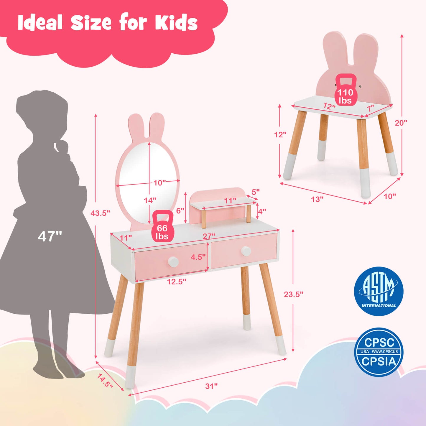Kids Vanity Table and Chair Set with Rabbit Mirror
