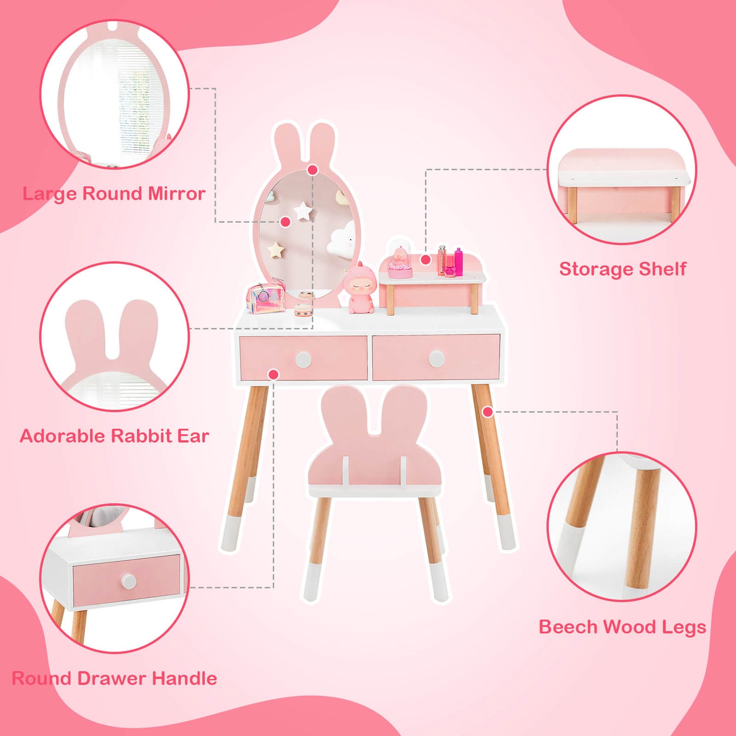 Kids Vanity Table and Chair Set with Rabbit Mirror