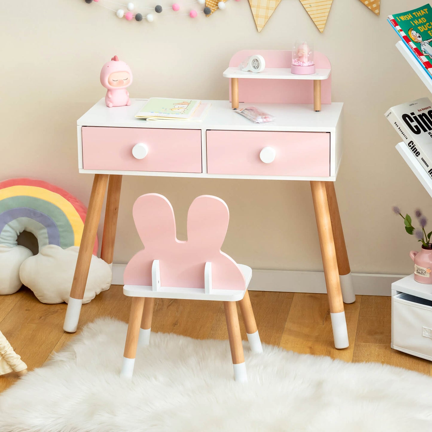 Kids Vanity Table and Chair Set with Rabbit Mirror