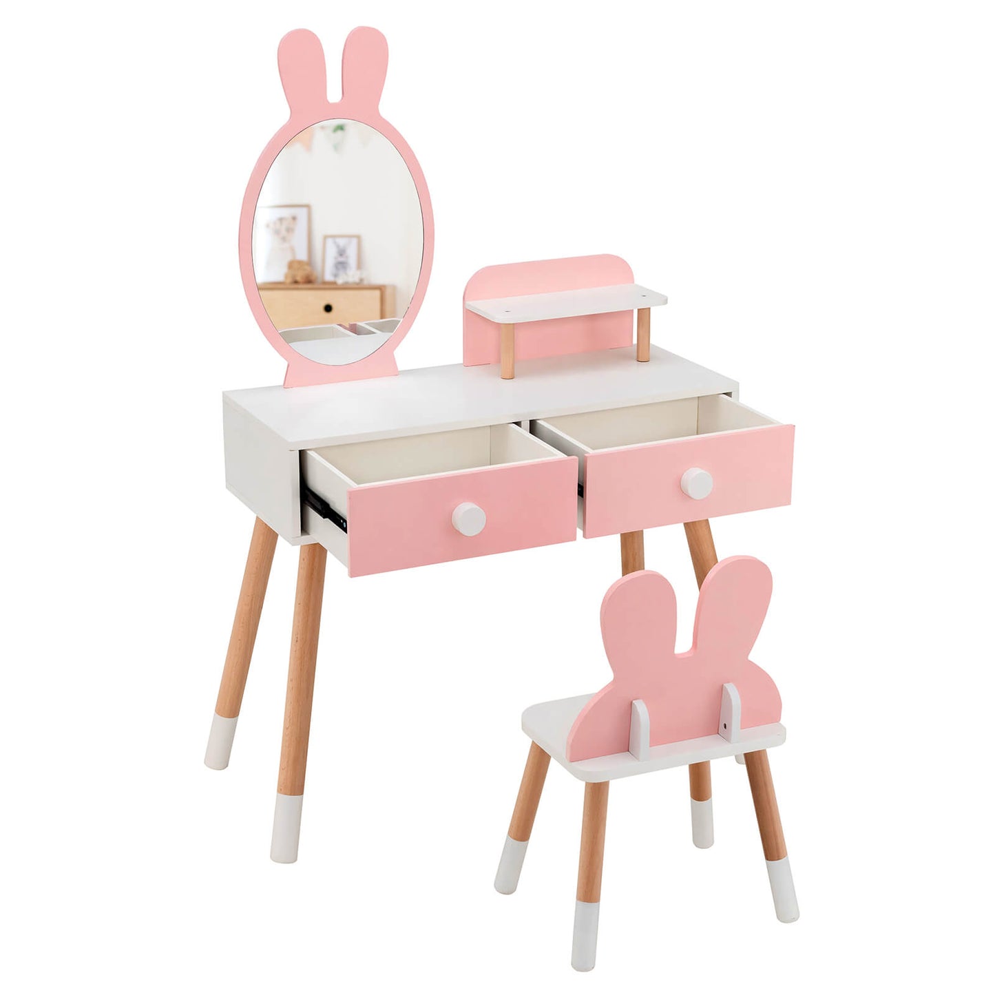 Kids Vanity Table and Chair Set with Rabbit Mirror