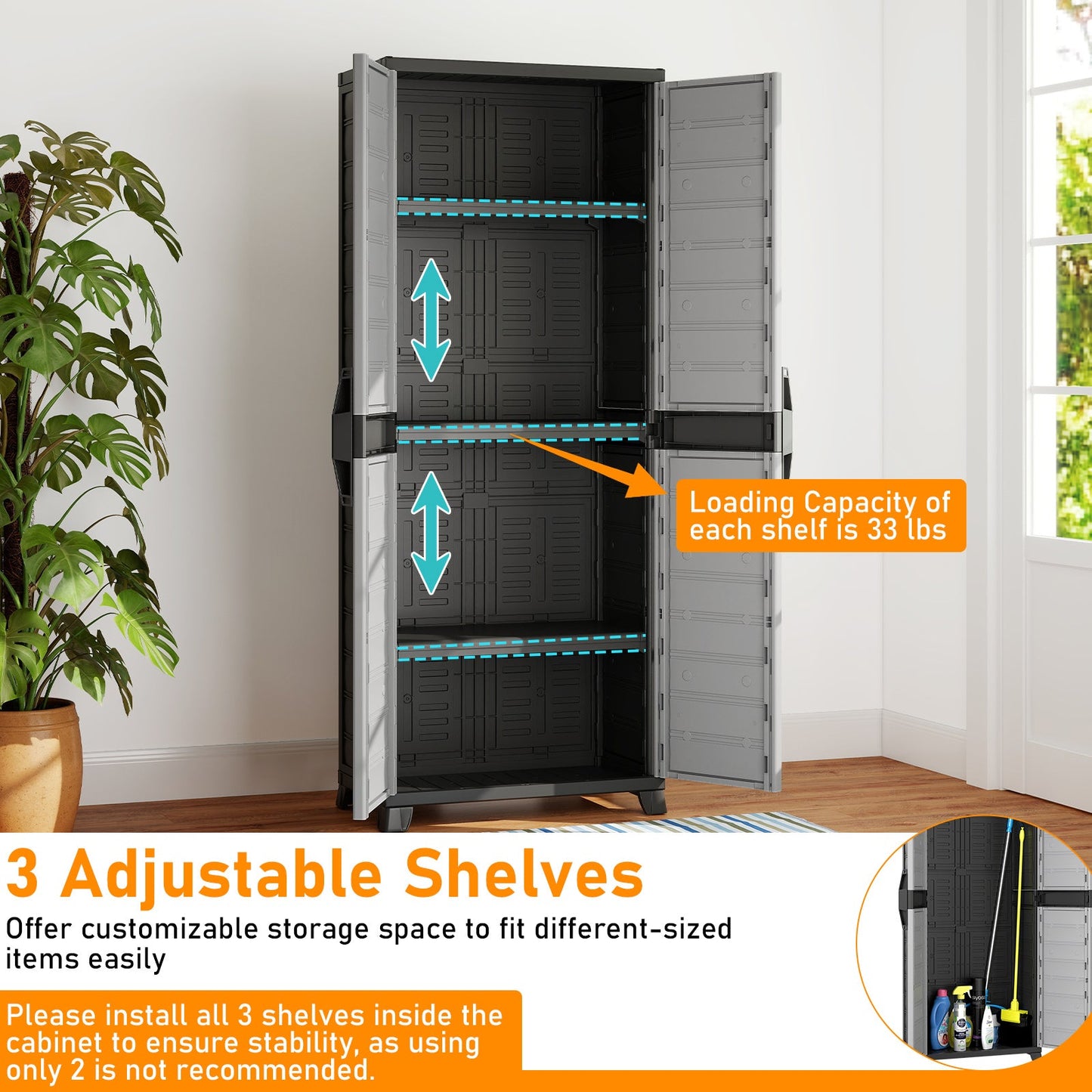 Plastic Lockable Storage Cabinet with Doors and 3 Adjustable Shelves