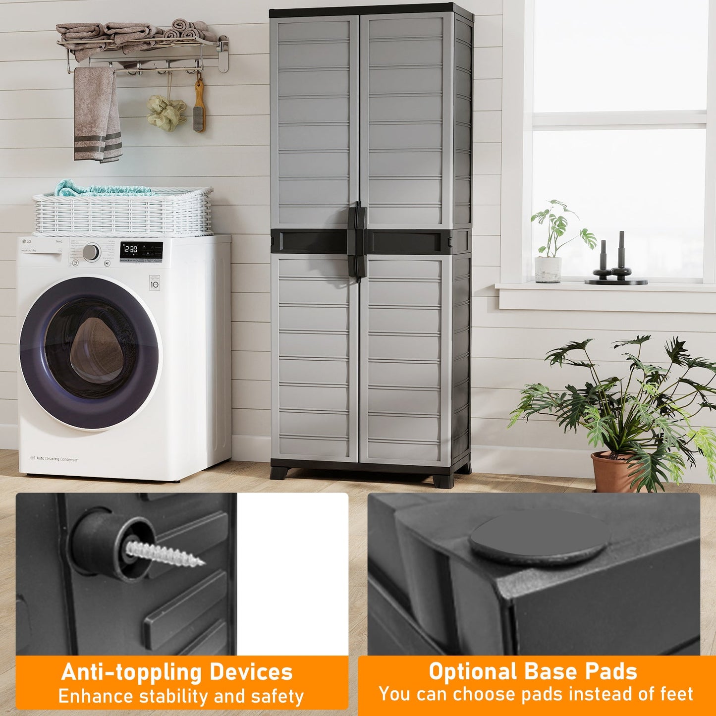 Plastic Lockable Storage Cabinet with Doors and 3 Adjustable Shelves