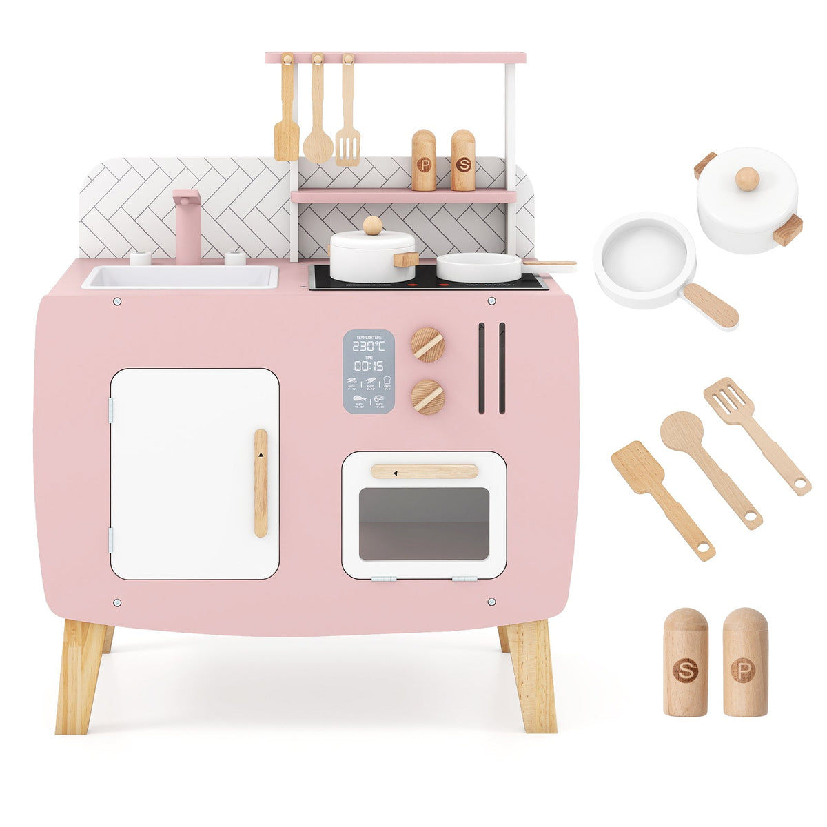 Play Kitchen for Kids Wooden Kitchen Playset with Stoves Sink Faucet and Oven