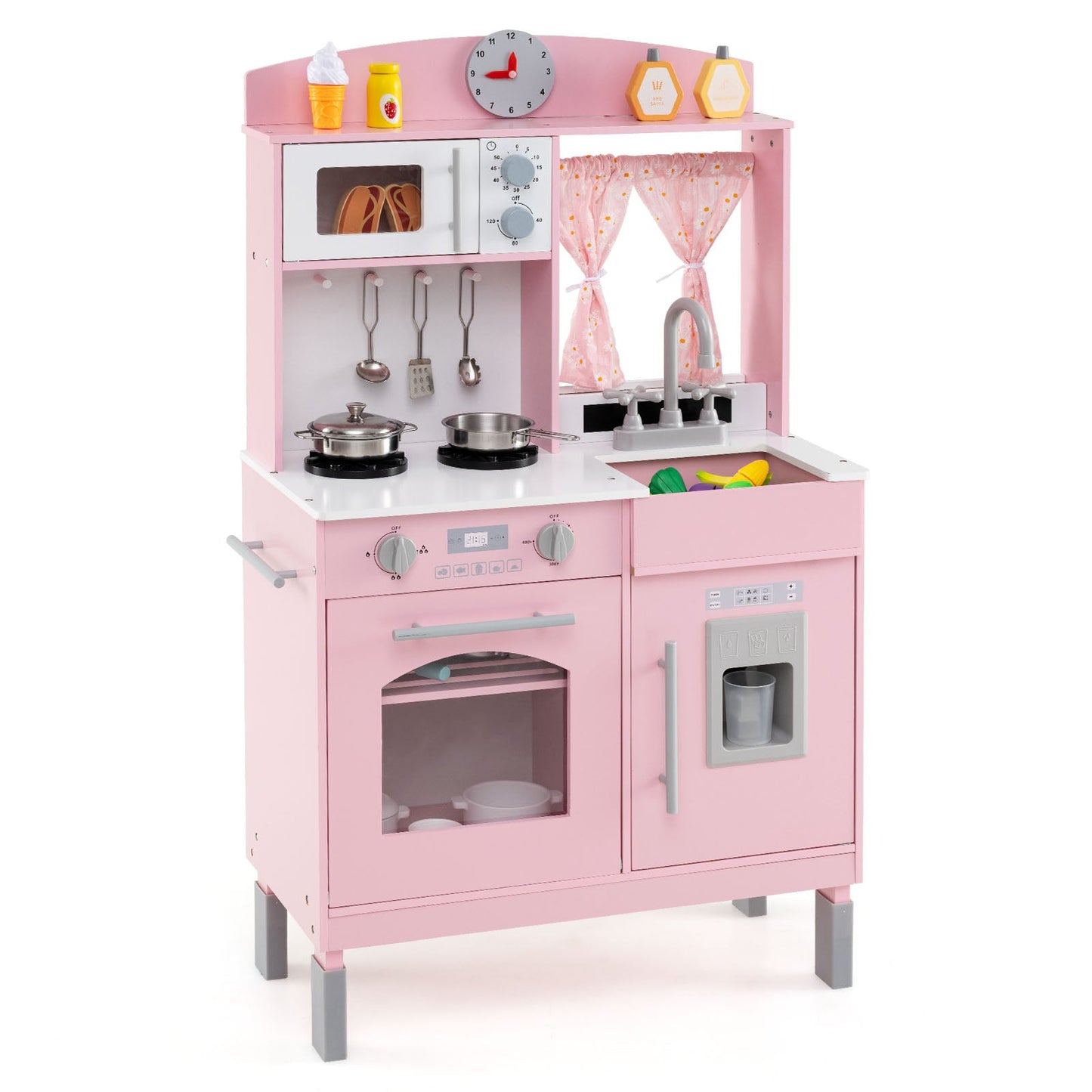 Play Kitchen for Kids Wooden Chef Pretend Playset with 3 Adjustable Heights Microwave