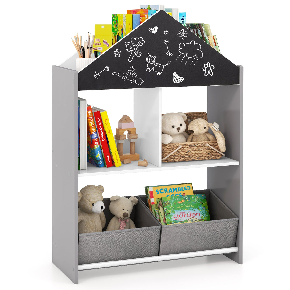 Playhouse Kids Bookshelf with Chalkboard and Whiteboard for 3-6 Years