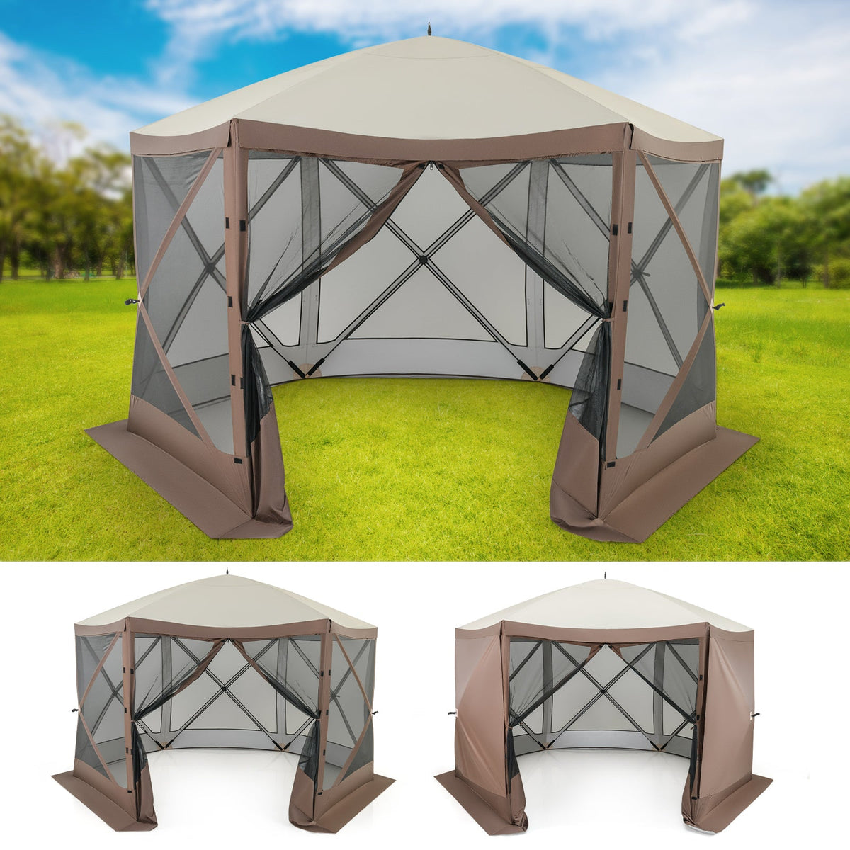 Pop-up Gazebo 6-sided Instant Setup Screen House Hub Tent with Mesh Netting Walls-Coffee