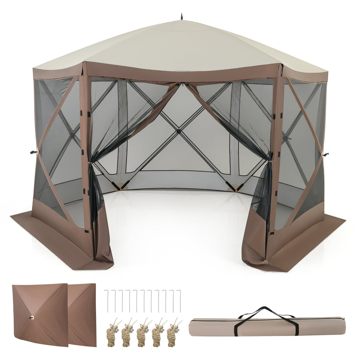 Pop-up Gazebo 6-sided Instant Setup Screen House Hub Tent with Mesh Netting Walls-Coffee