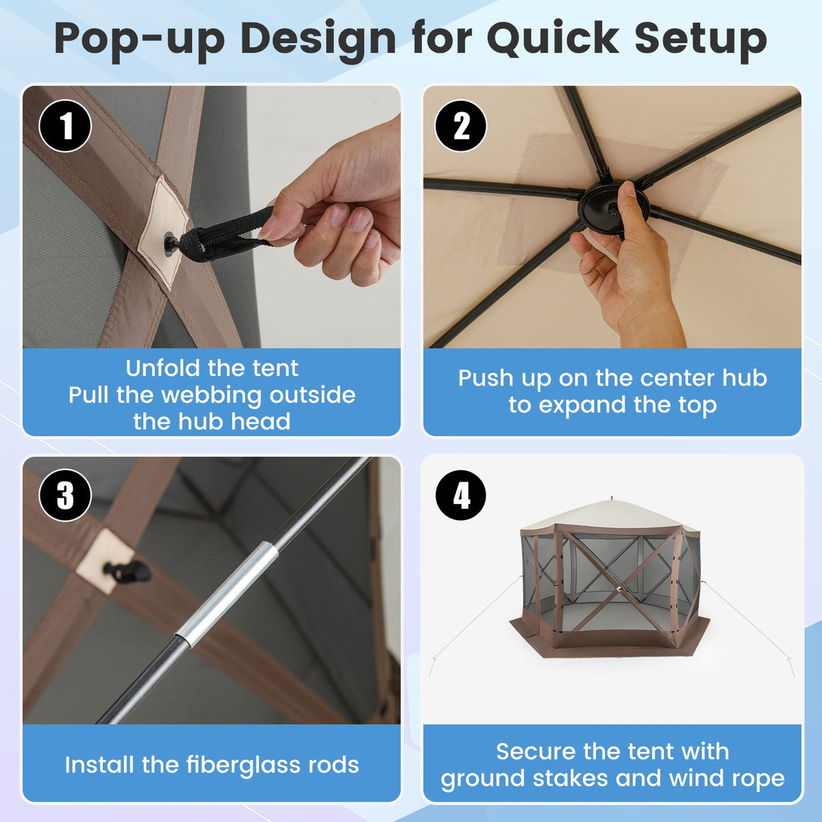 Pop-up Gazebo 6-sided Instant Setup Screen House Hub Tent with Mesh Netting Walls-Coffee