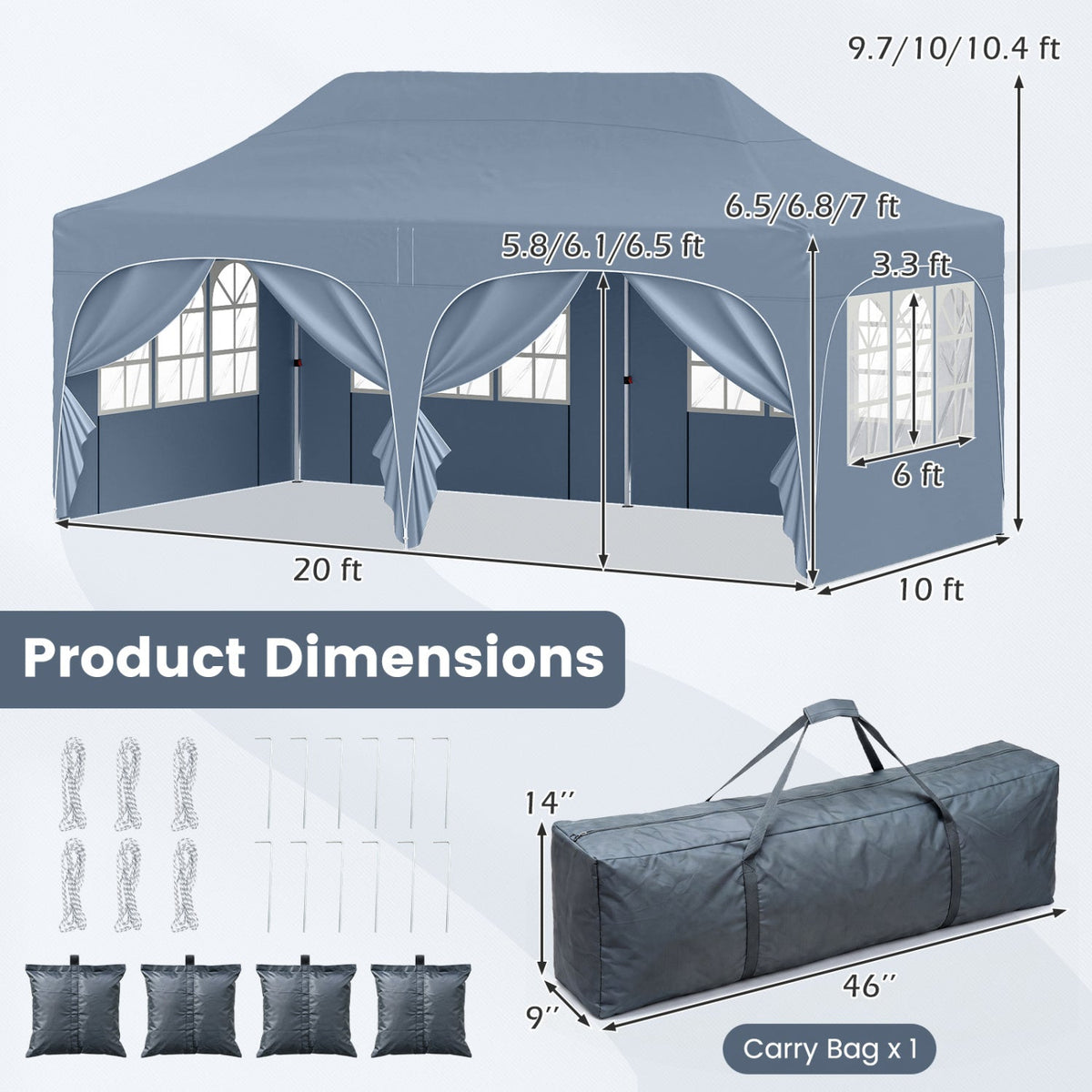 Pop Up Canopy Tent 10x20 ft with 6 Removable Sidewalls