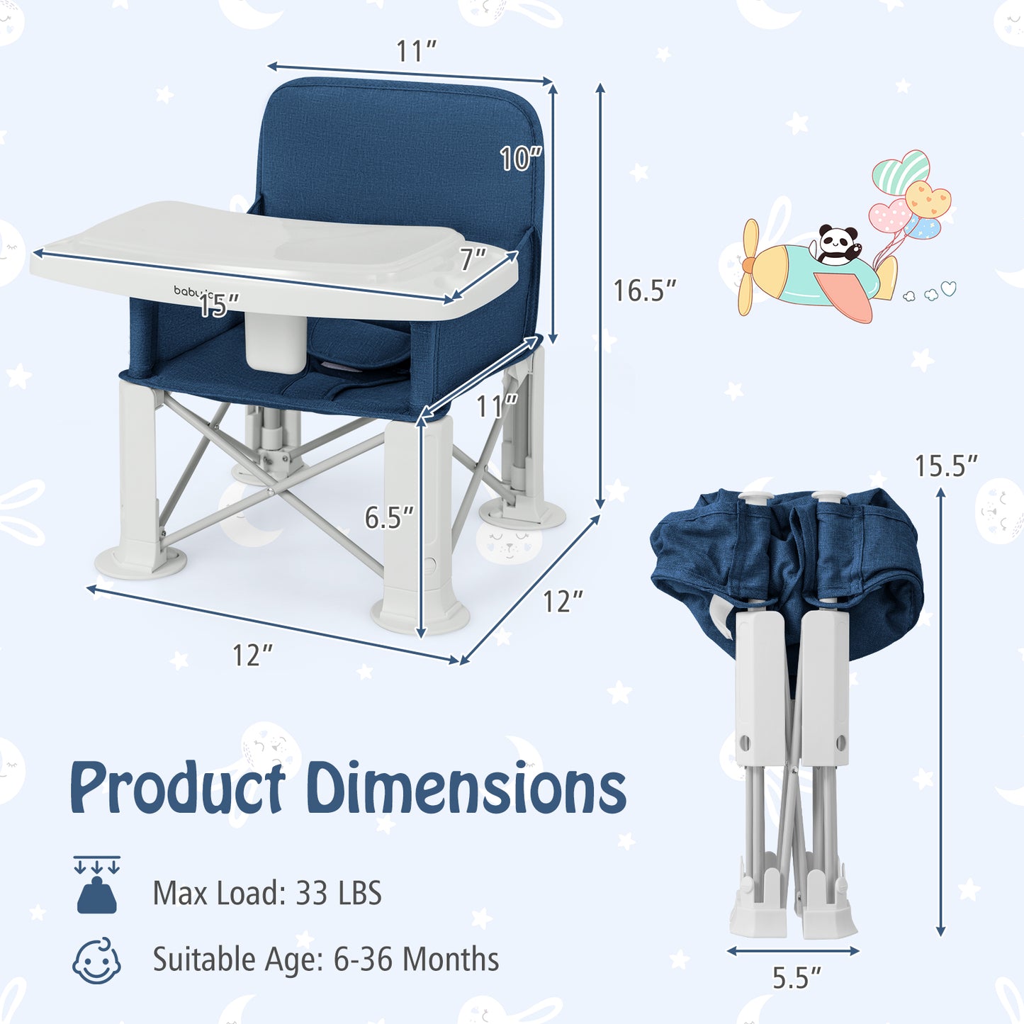 Portable Baby Booster Seat with Double Tray and Storage Bag