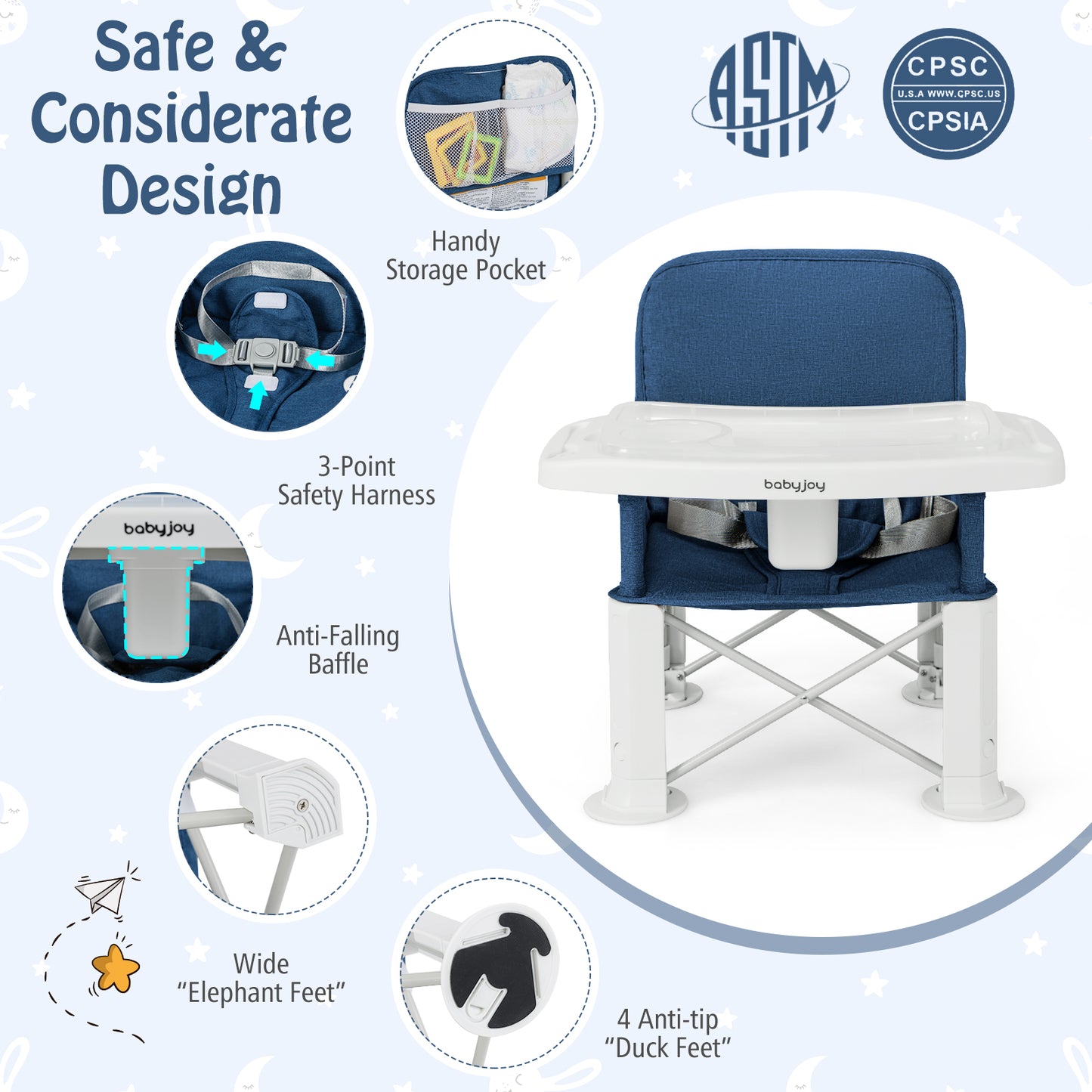 Portable Baby Booster Seat with Double Tray and Storage Bag