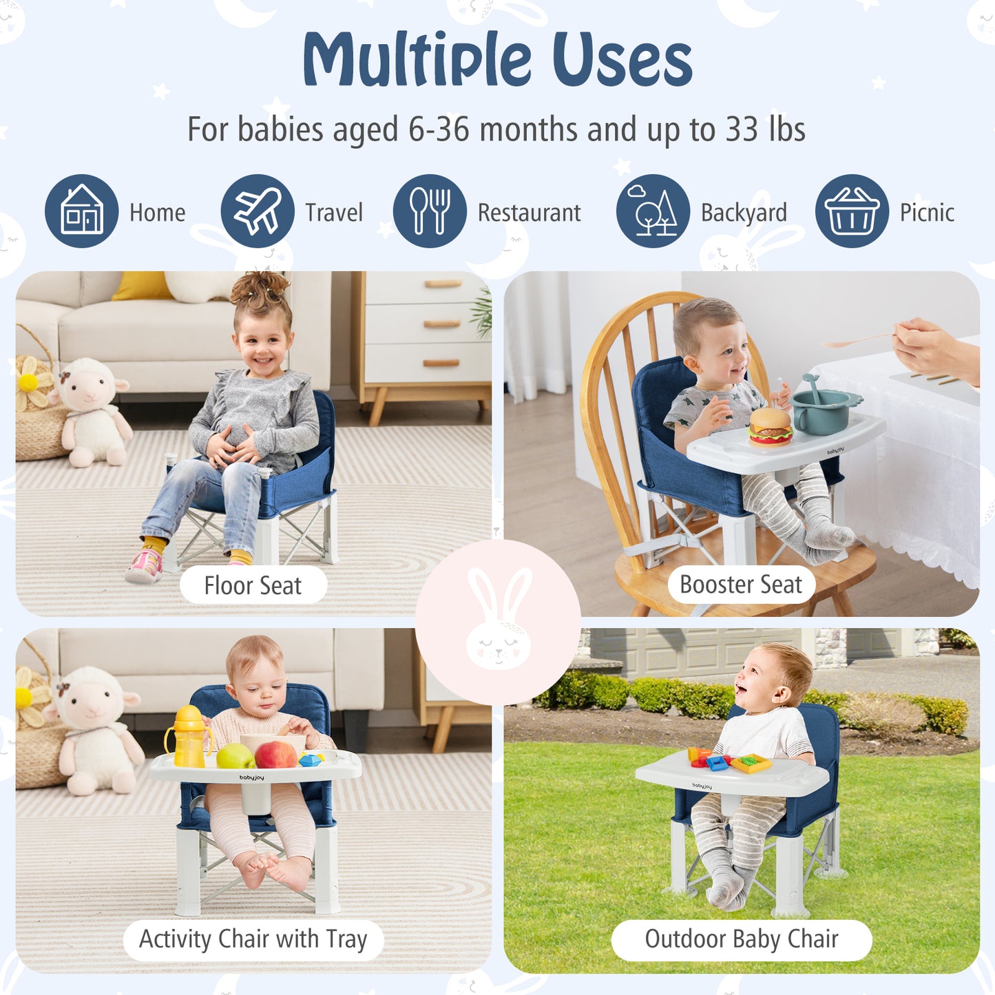 Portable Baby Booster Seat with Double Tray and Storage Bag