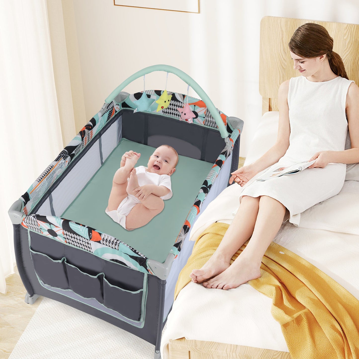 3-in-1 Portable Baby Playard with Zippered Door and Toy Bar