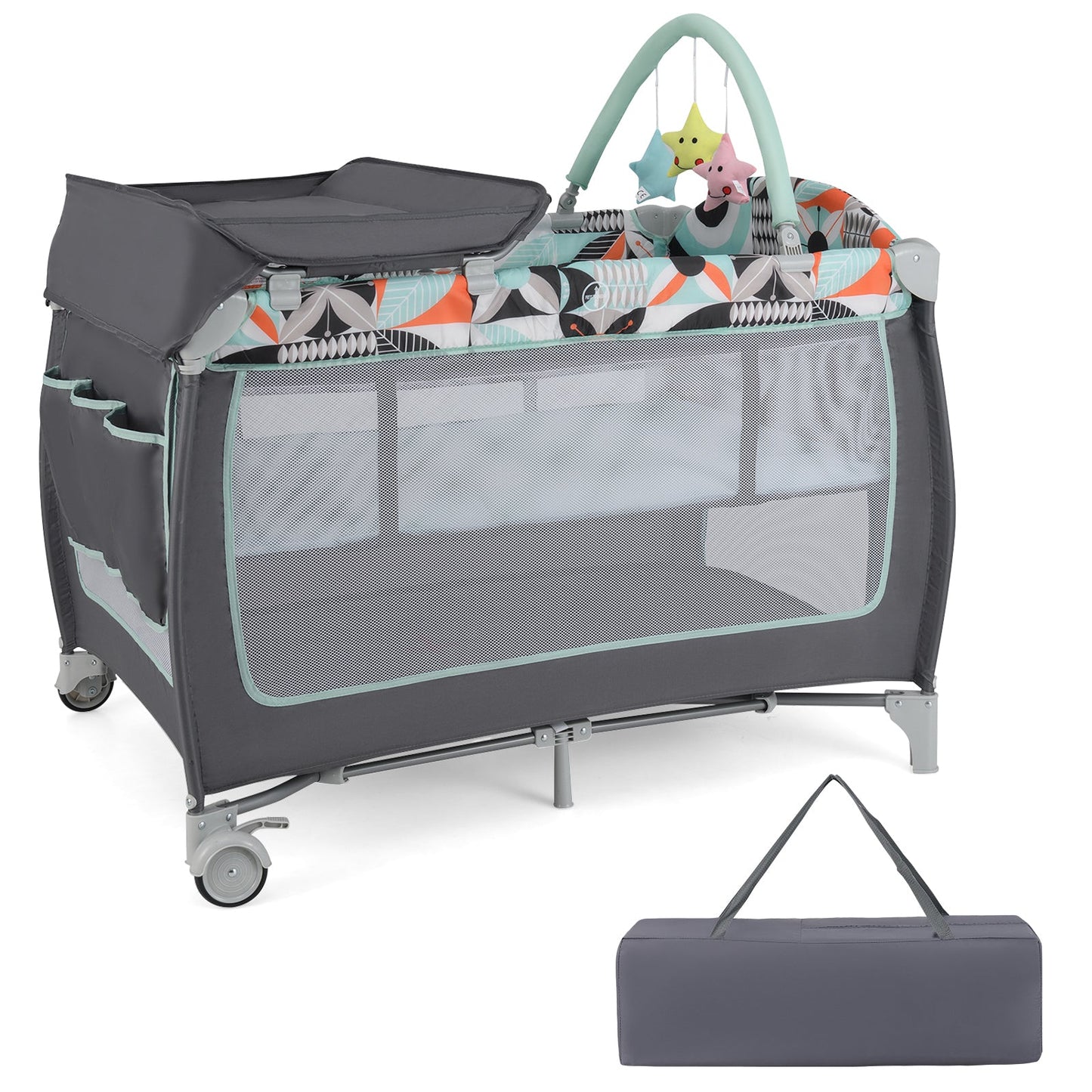3-in-1 Portable Baby Playard with Zippered Door and Toy Bar