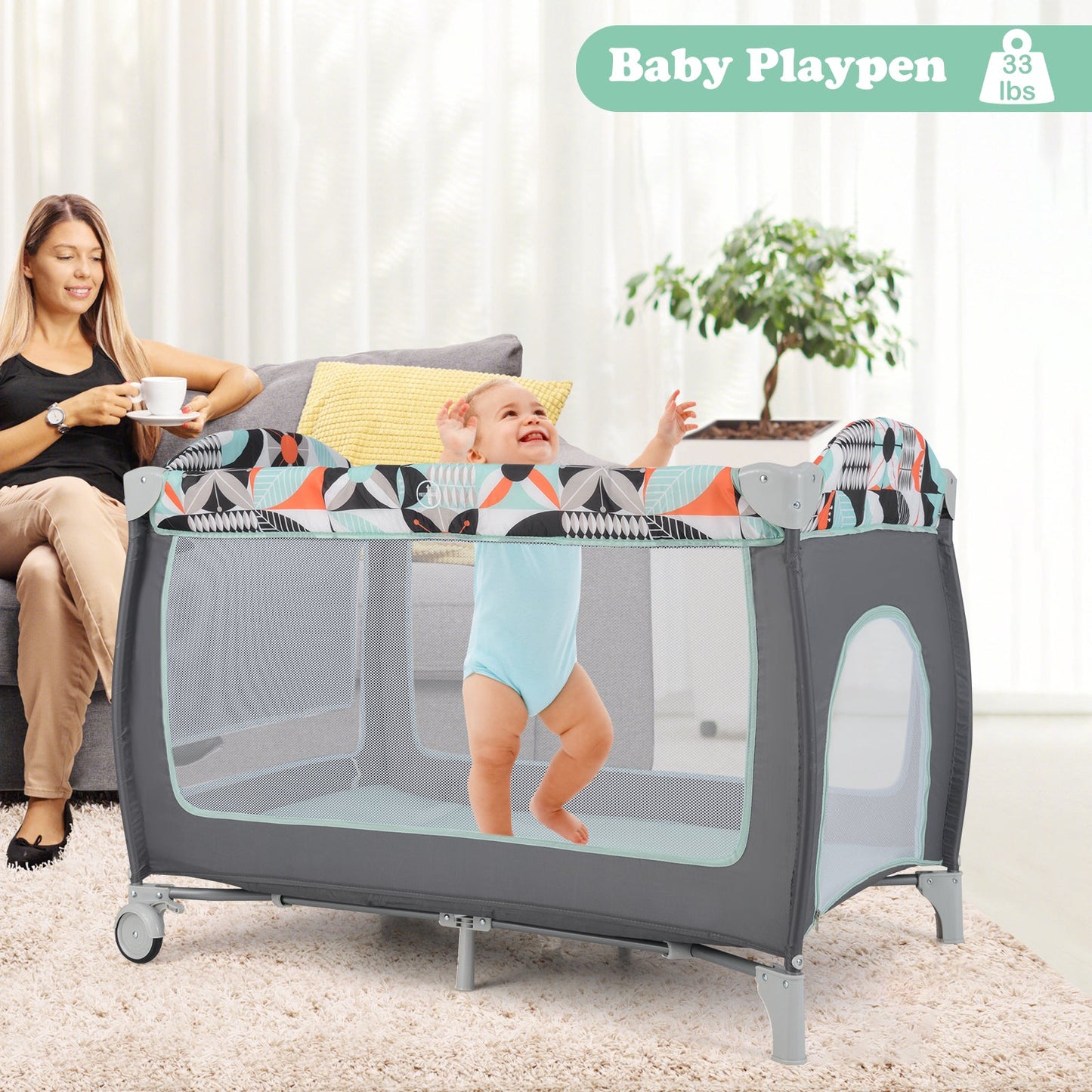 3-in-1 Portable Baby Playard with Zippered Door and Toy Bar