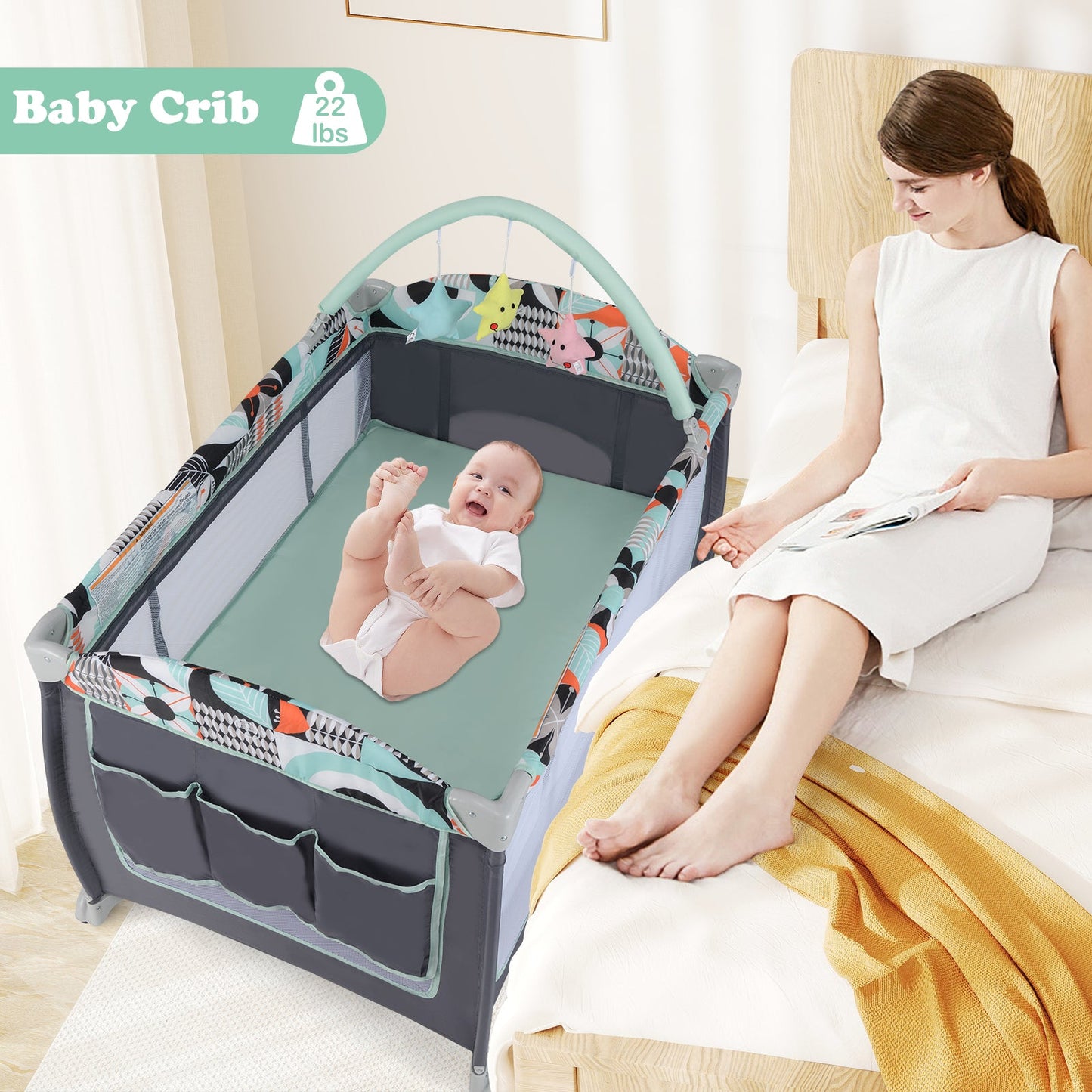 3-in-1 Portable Baby Playard with Zippered Door and Toy Bar