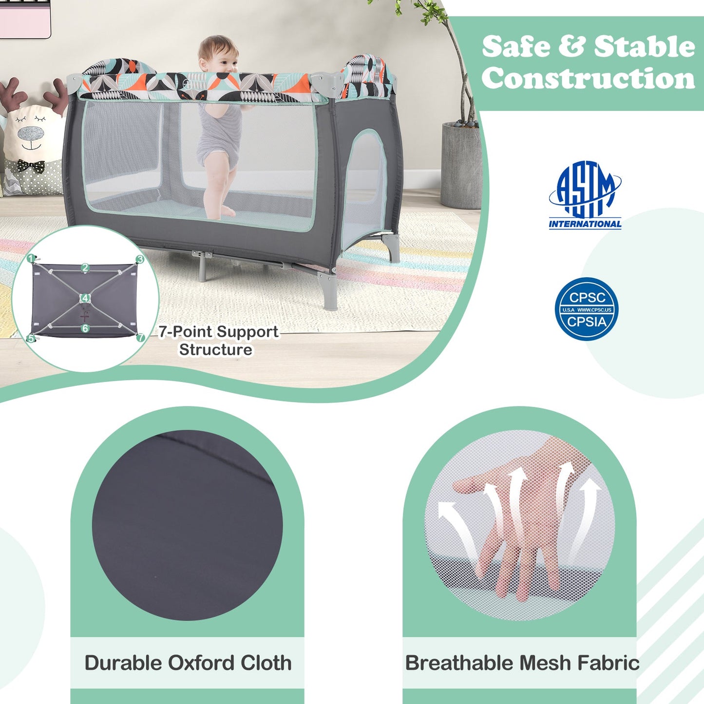 3-in-1 Portable Baby Playard with Zippered Door and Toy Bar