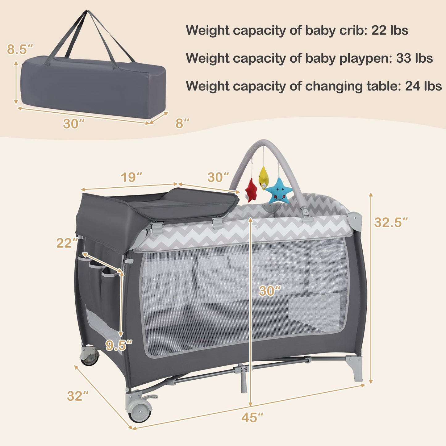 3-in-1 Portable Baby Playard with Zippered Door and Toy Bar