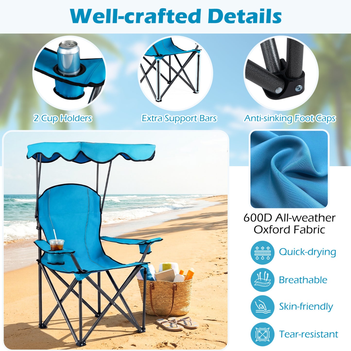Folding Beach Canopy Chair with Cup Holders