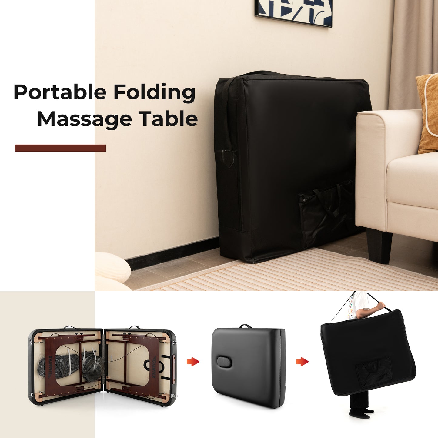 Folding Massage Table with Height-Adjustable Beech Wood Frame