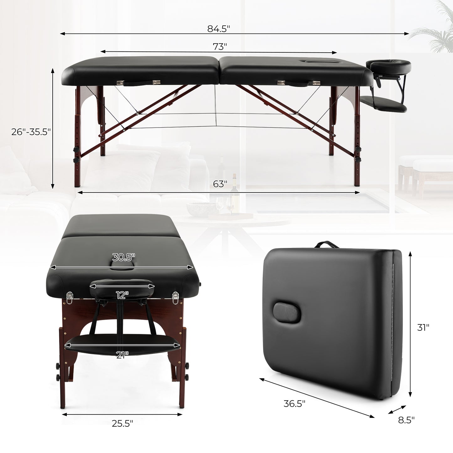 Folding Massage Table with Height-Adjustable Beech Wood Frame