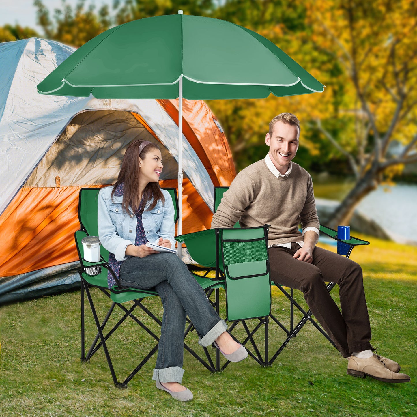 Folding Double Chair with Umbrella and Cooler Bag