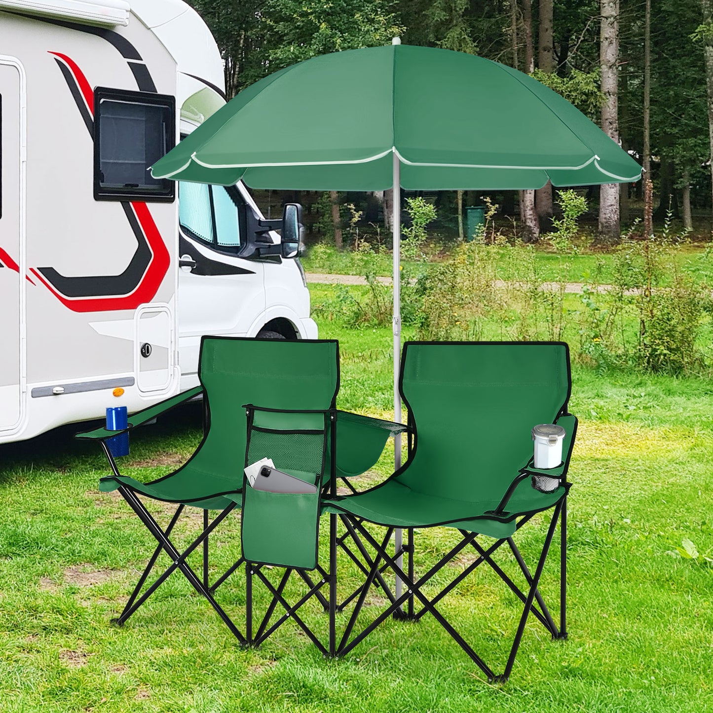 Folding Double Chair with Umbrella and Cooler Bag
