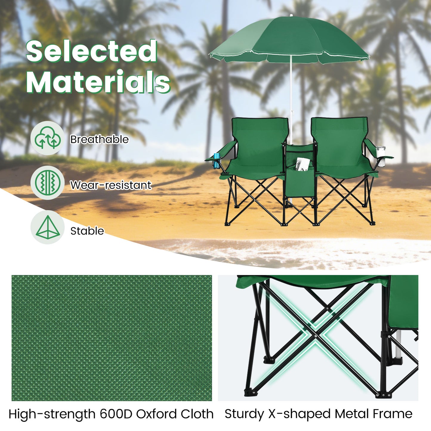Folding Double Chair with Umbrella and Cooler Bag