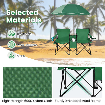 Folding Double Chair with Umbrella and Cooler Bag