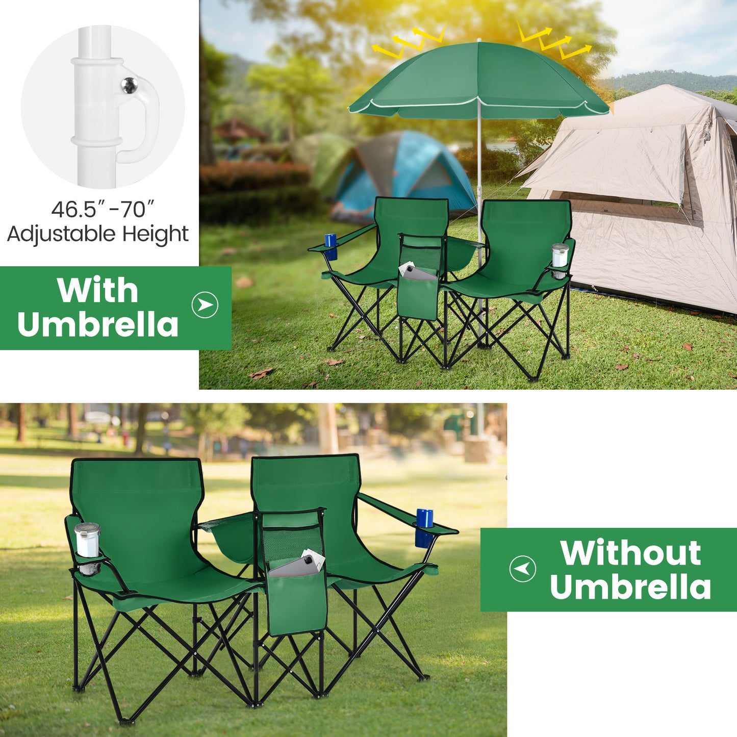 Folding Double Chair with Umbrella and Cooler Bag
