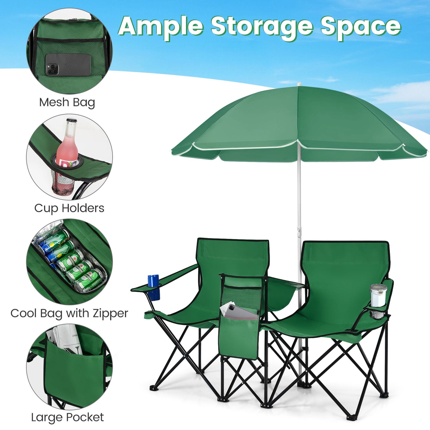 Folding Double Chair with Umbrella and Cooler Bag