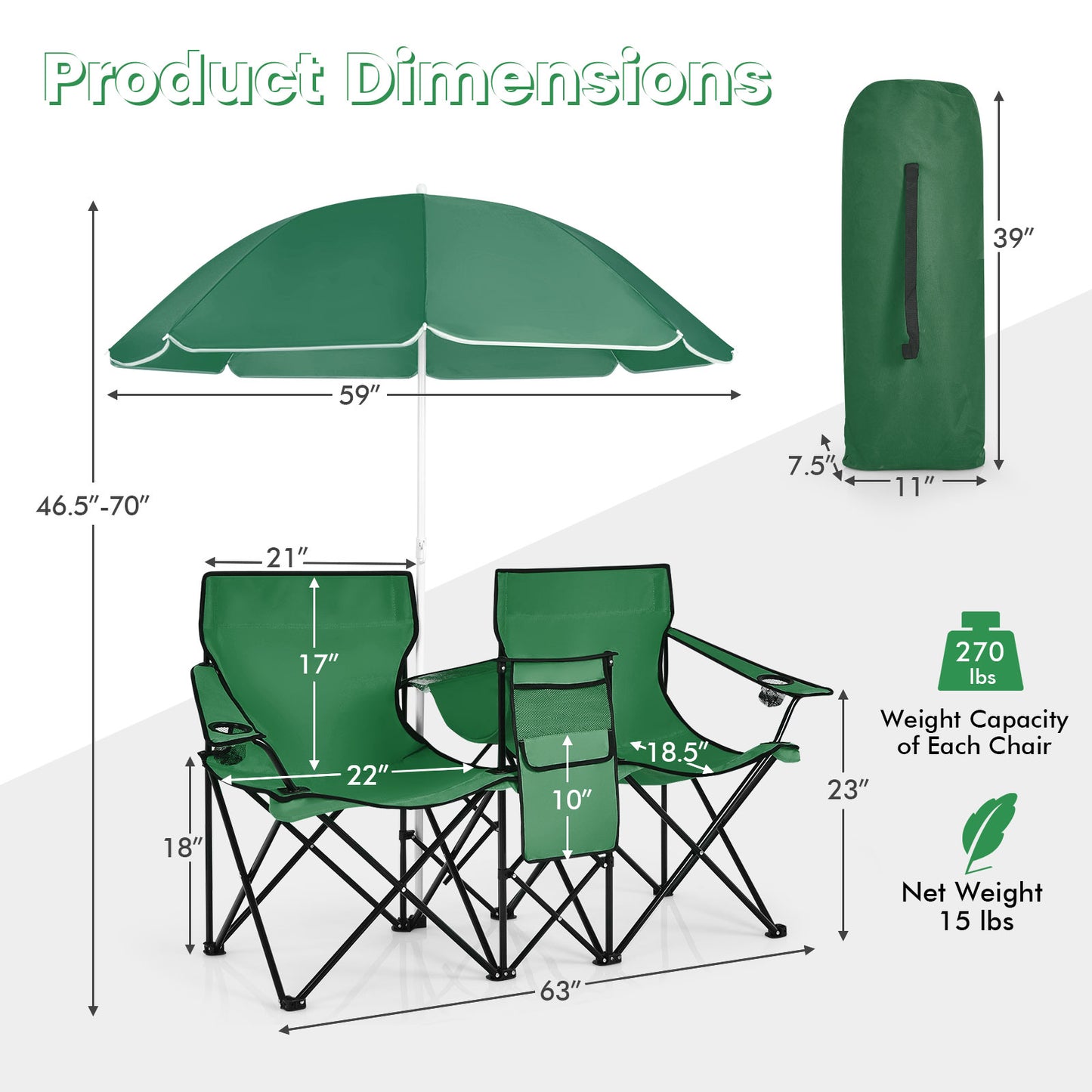 Folding Double Chair with Umbrella and Cooler Bag
