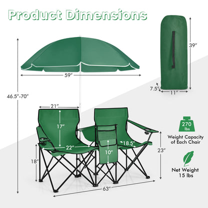 Folding Double Chair with Umbrella and Cooler Bag