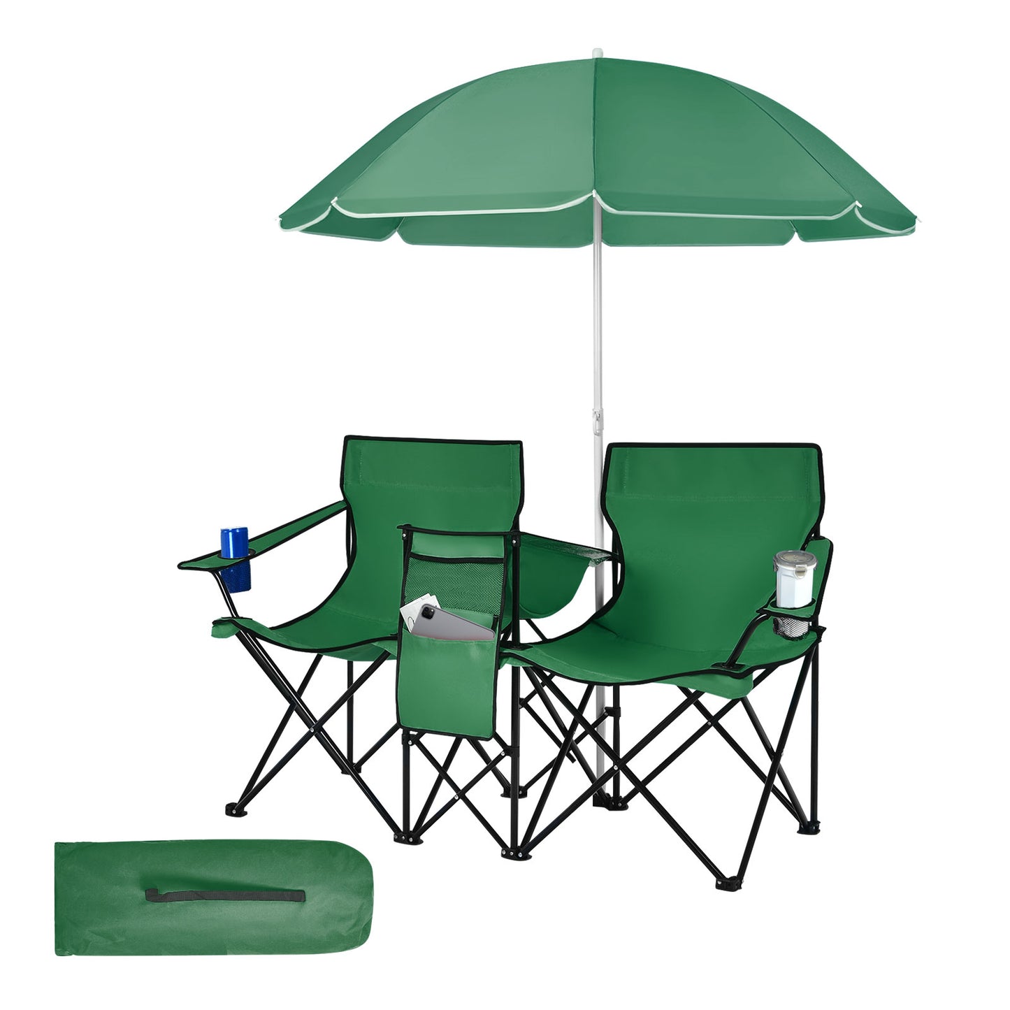 Folding Double Chair with Umbrella and Cooler Bag