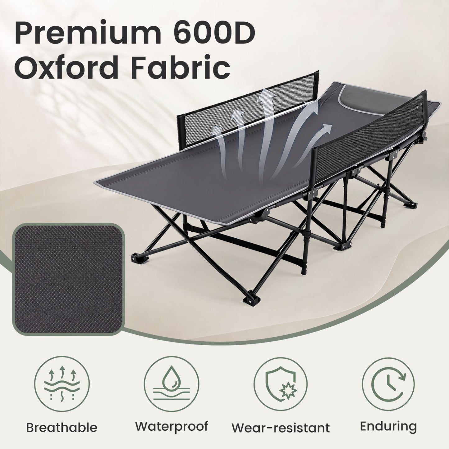 Portable Folding Camping Cot with Guardrail - 330 lbs Capacity