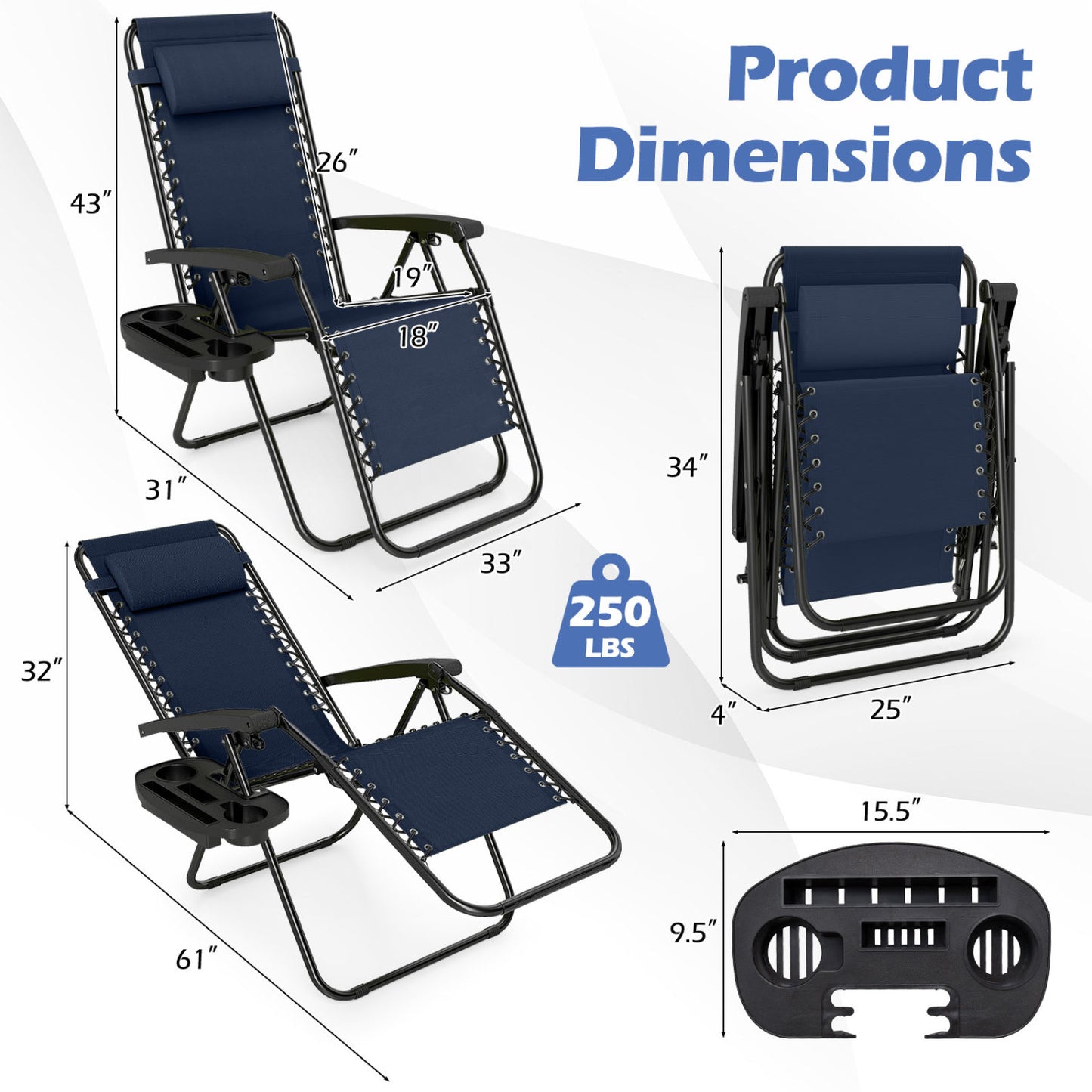 Zero Gravity Lounge Chairs Set of 2 with Cup Holders