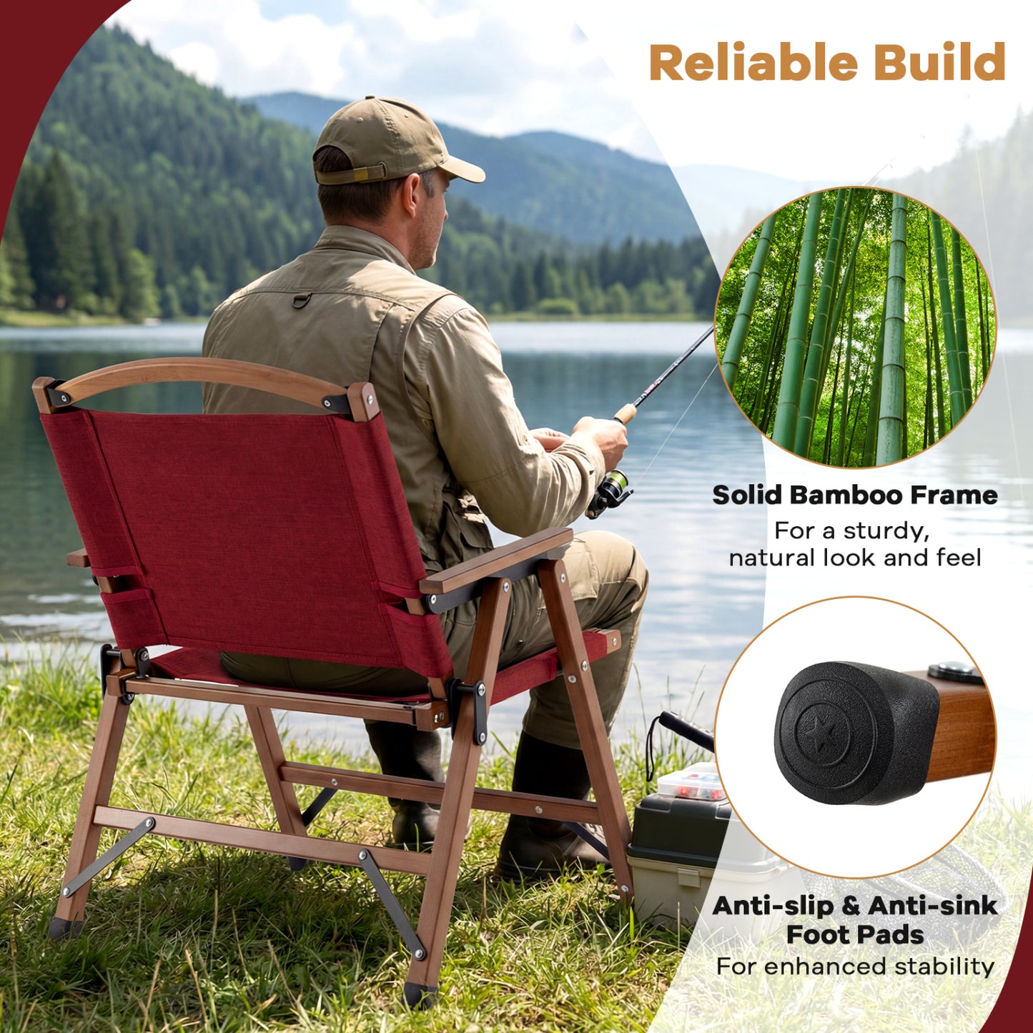 Folding Camping Chair with Bamboo Frame - Low Seat Height