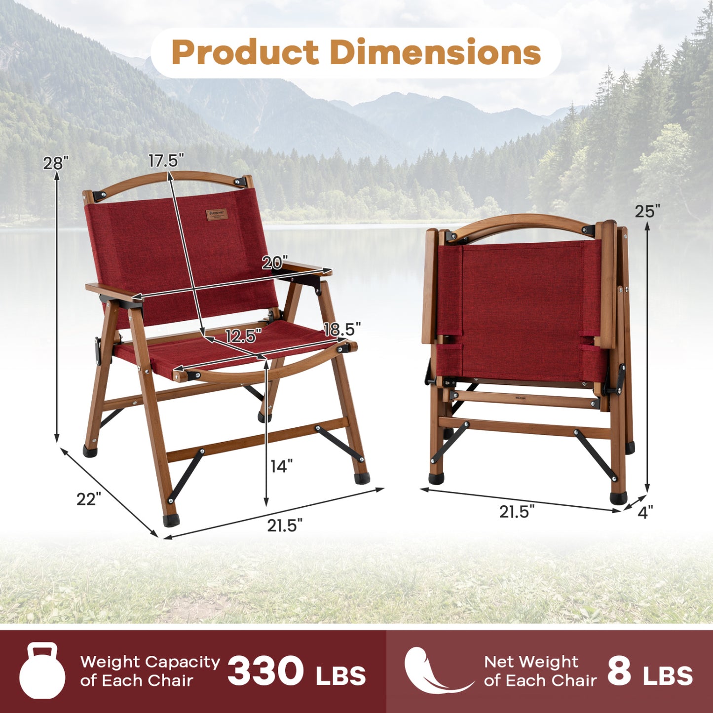 Folding Camping Chair with Bamboo Frame - Low Seat Height