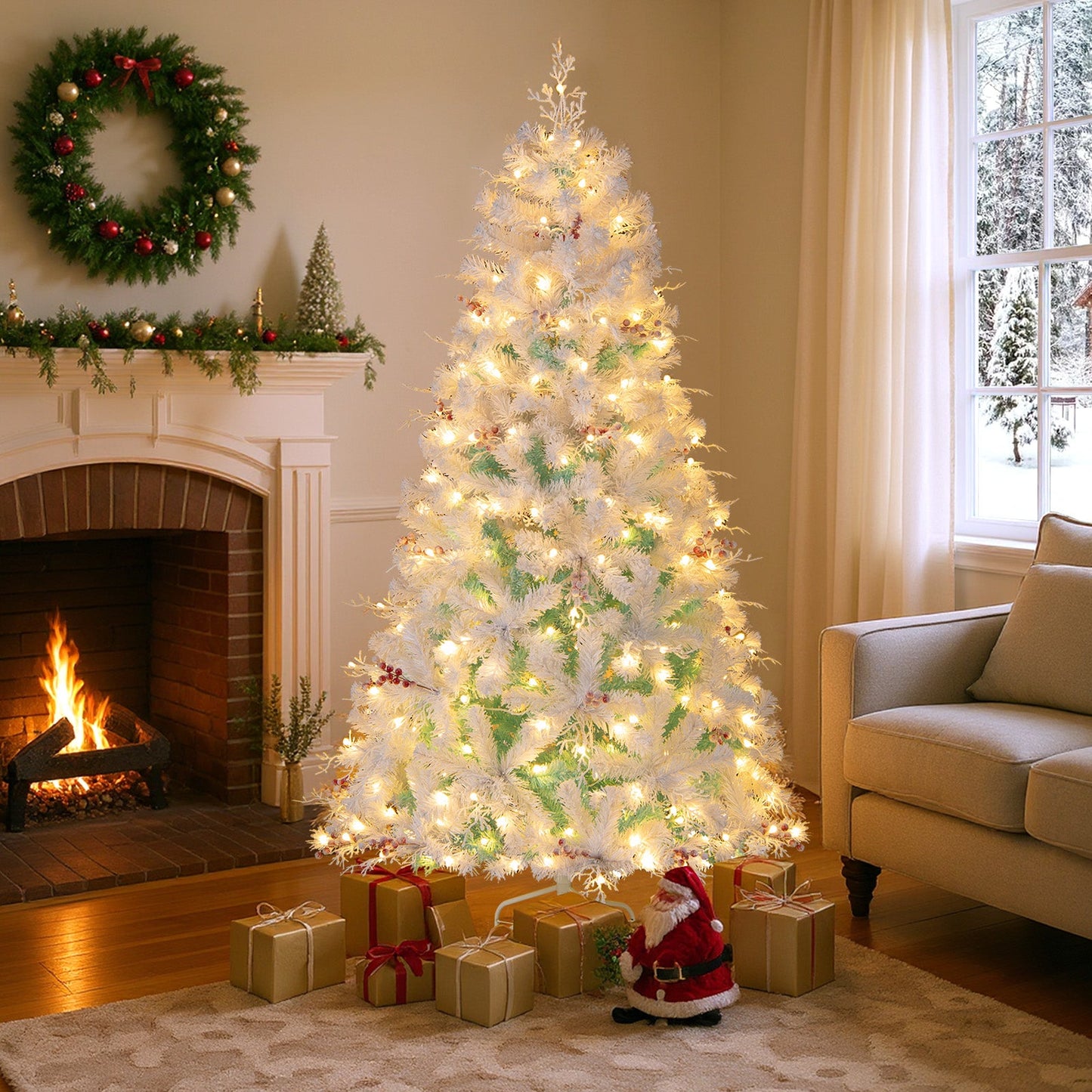 Pre-Lit Artificial Christmas Tree with Snow Flocked Branch Tips