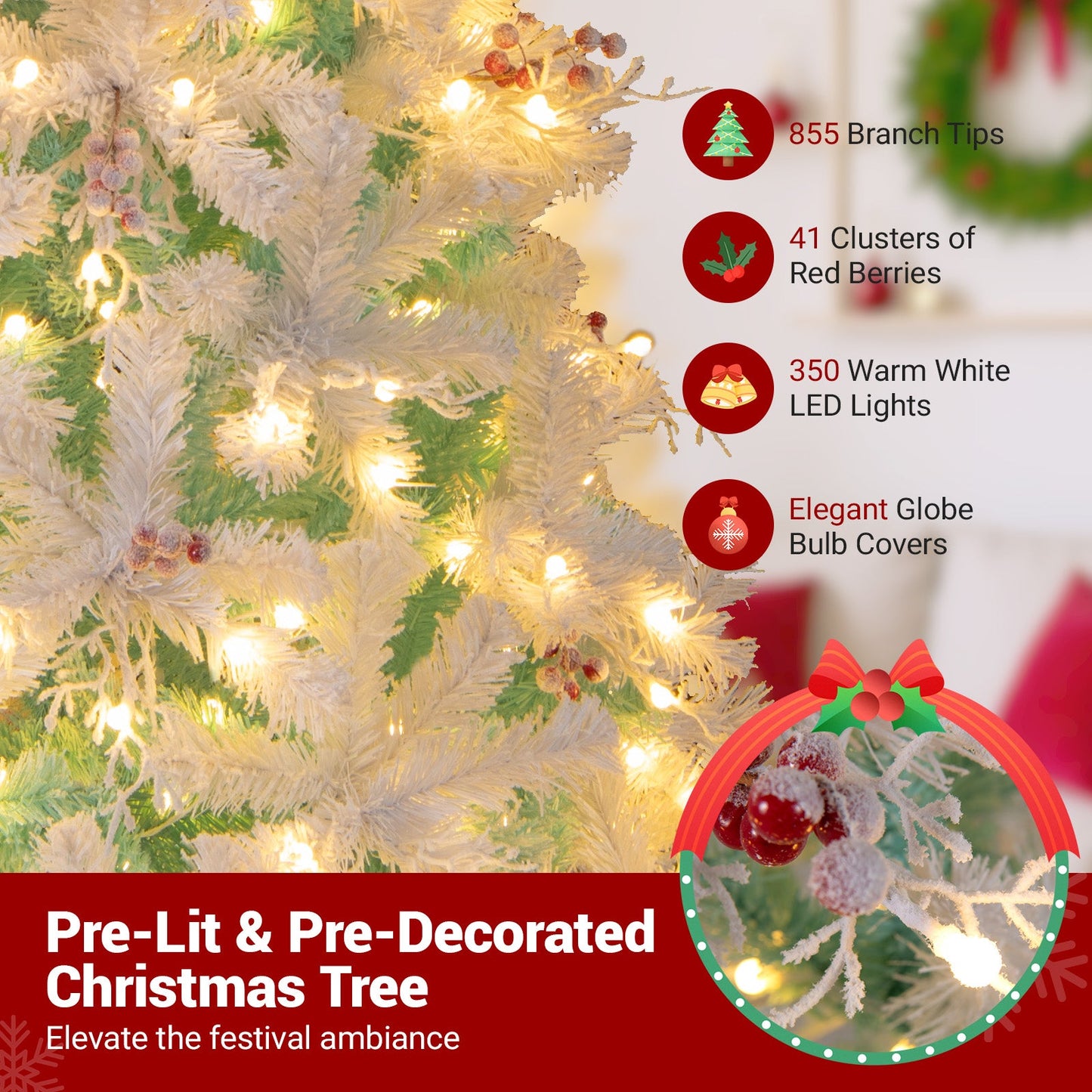 Pre-Lit Artificial Christmas Tree with Snow Flocked Branch Tips