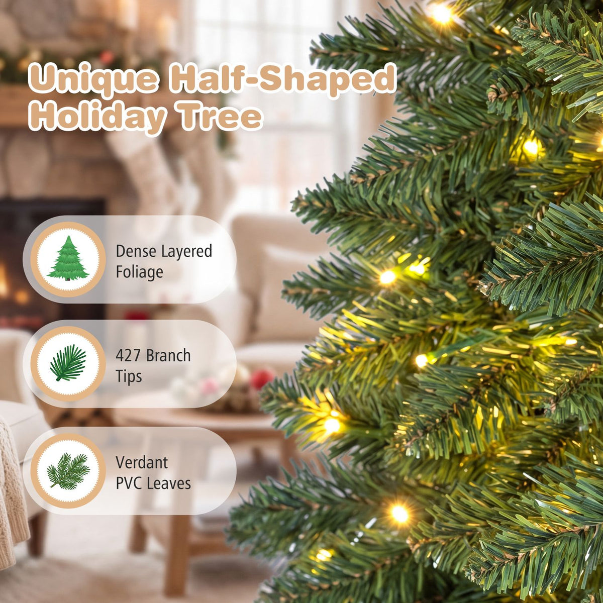 Pre-Lit Artificial Half National Christmas Tree with 8 Flash Modes