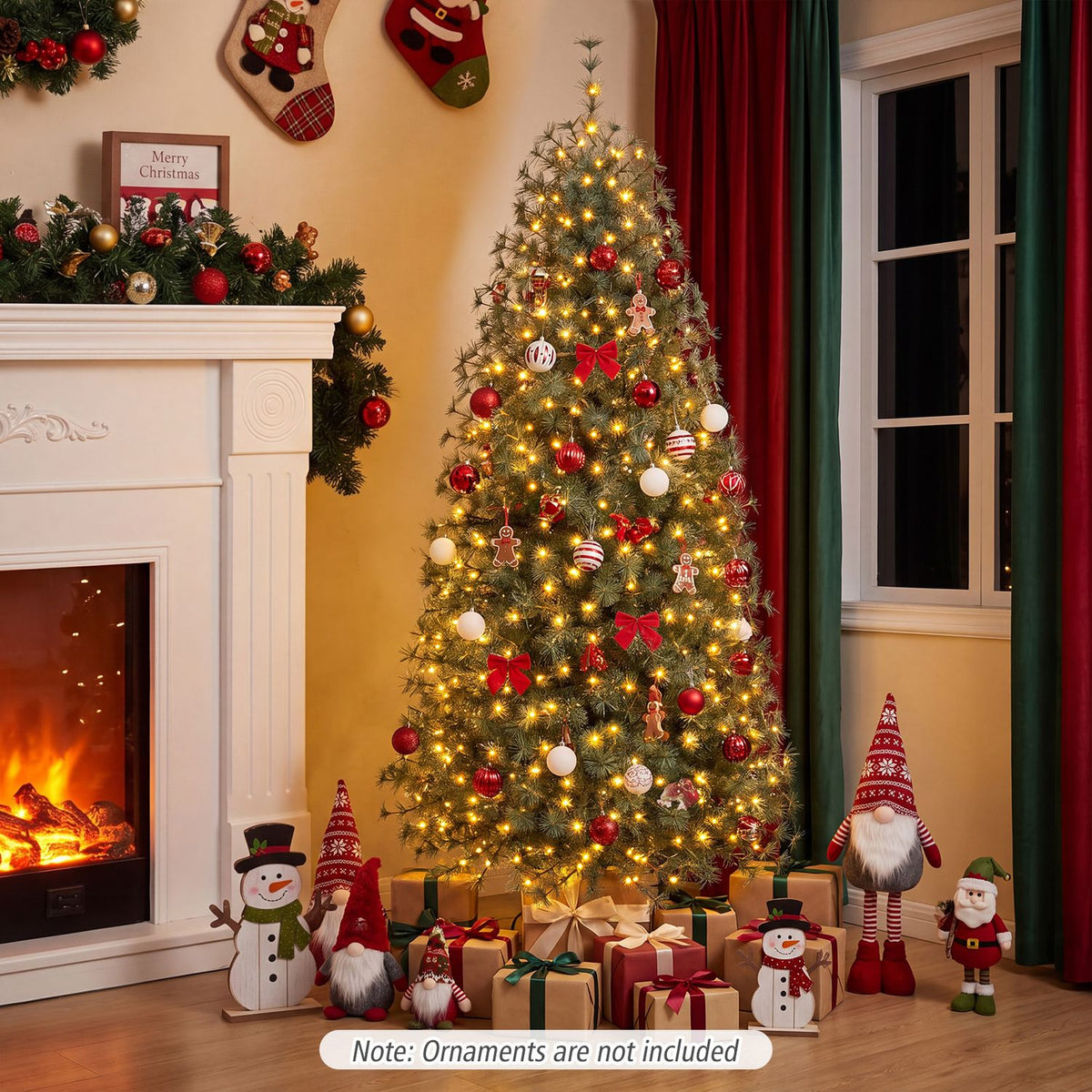 Pre-Lit Pine Christmas Tree with 225 Warm White LED Lights and 8-Mode for Holiday Home Decoration-6 ft