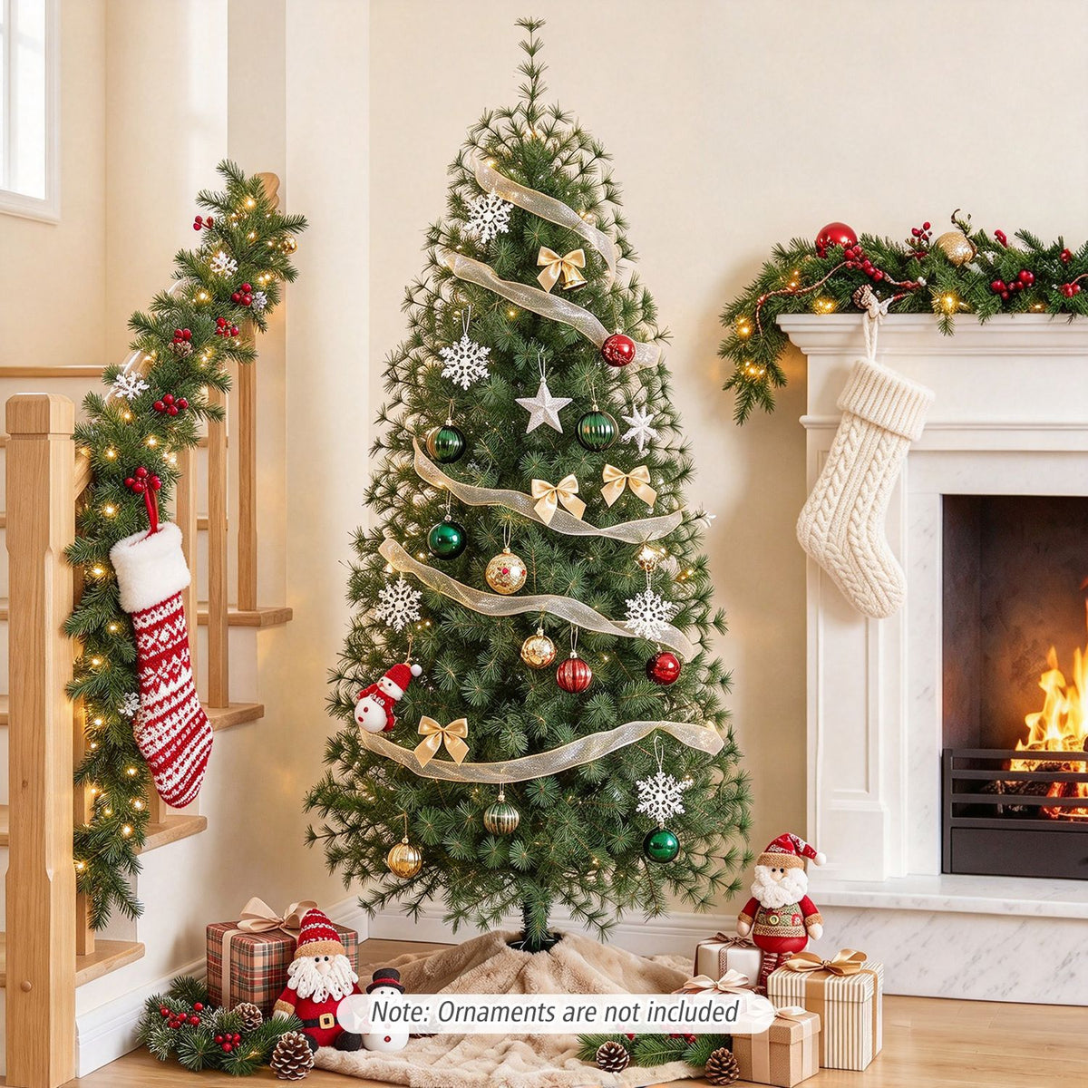Pre-Lit Pine Christmas Tree with 225 Warm White LED Lights and 8-Mode for Holiday Home Decoration-6 ft