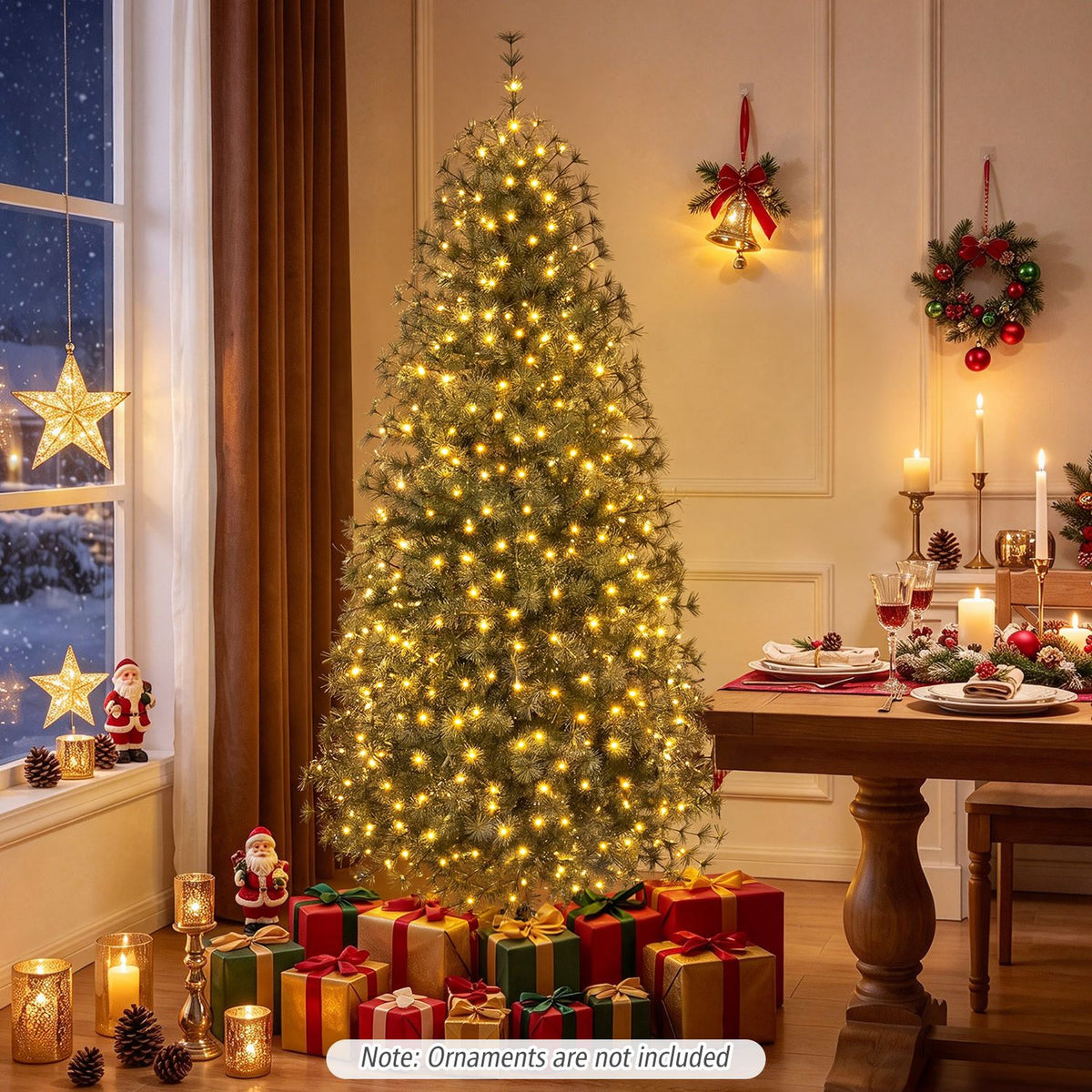 Pre-Lit Pine Christmas Tree with 225 Warm White LED Lights and 8-Mode for Holiday Home Decoration-6 ft
