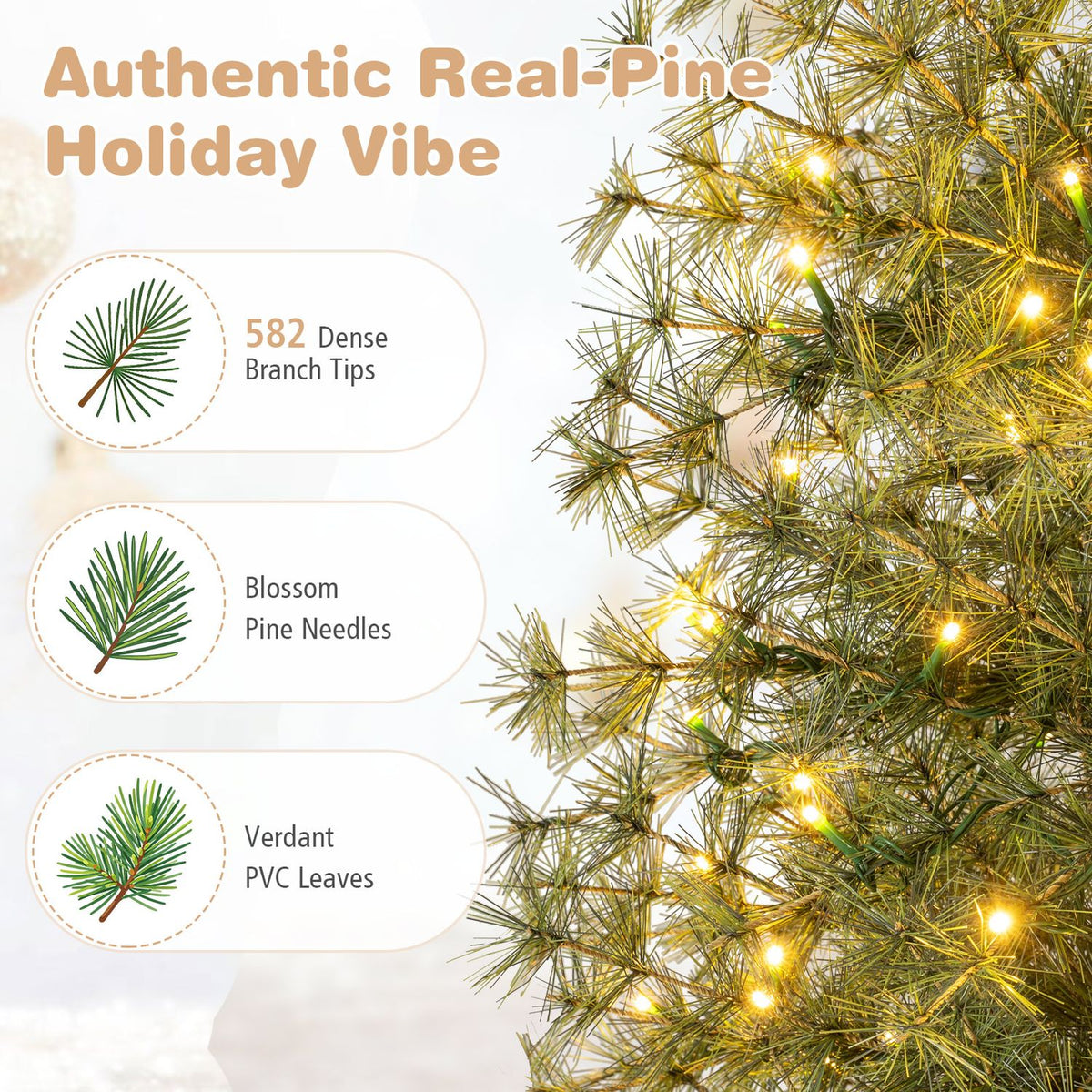 Pre-Lit Pine Christmas Tree with 225 Warm White LED Lights and 8-Mode for Holiday Home Decoration-6 ft
