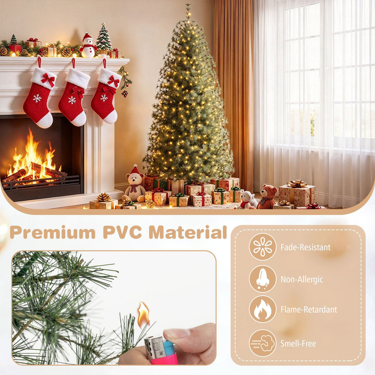 Pre-Lit Pine Christmas Tree with 225 Warm White LED Lights and 8-Mode for Holiday Home Decoration-6 ft