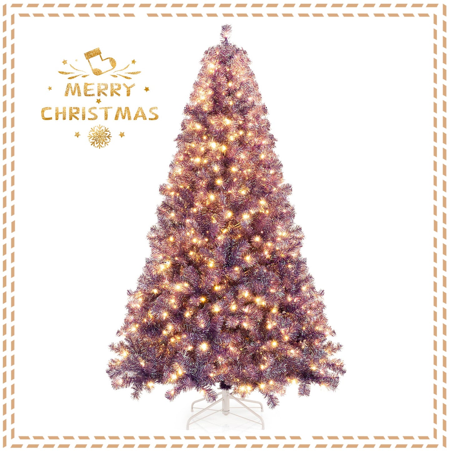 Pre-Lit Tinsel Christmas Tree Artificial Xmas Tree with Lush Branch Tips and Warm White LED Lights
